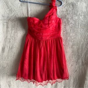 BCX Mini Dress Coral Tulle Women’s Size 9 One Shoulder Ruffle Strap Back Zip